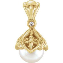Load image into Gallery viewer, 14K Yellow 7mm Freshwater Cultured Pearl &amp; .02 CTW Diamond Fleur-de-lis Pendant