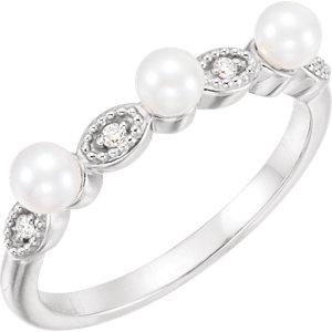14K White Freshwater Cultured Pearl & .03 CTW Diamond Stackable Ring