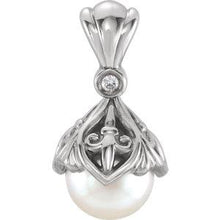 Load image into Gallery viewer, Sterling Silver 7mm Freshwater Cultured Pearl &amp; .02 CTW Diamond Fleur-de-lis Pendant