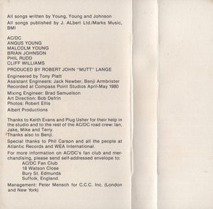 AC/DC Back In Black, Cass, Album, RE, (Very Good Plus (VG+))