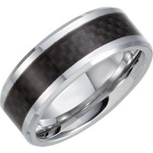 Load image into Gallery viewer, White Tungsten 8mm Beveled Band with Black Carbon Fiber Center Size 10