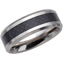 Load image into Gallery viewer, Tungsten 8mm Beveled Band with Black Carbon Fiber Center Size 12.5